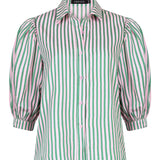 Ydence Annie blouse met roze-groene verticale strepen, pofmouwen en knoopsluiting – zomerse damesblouse.
