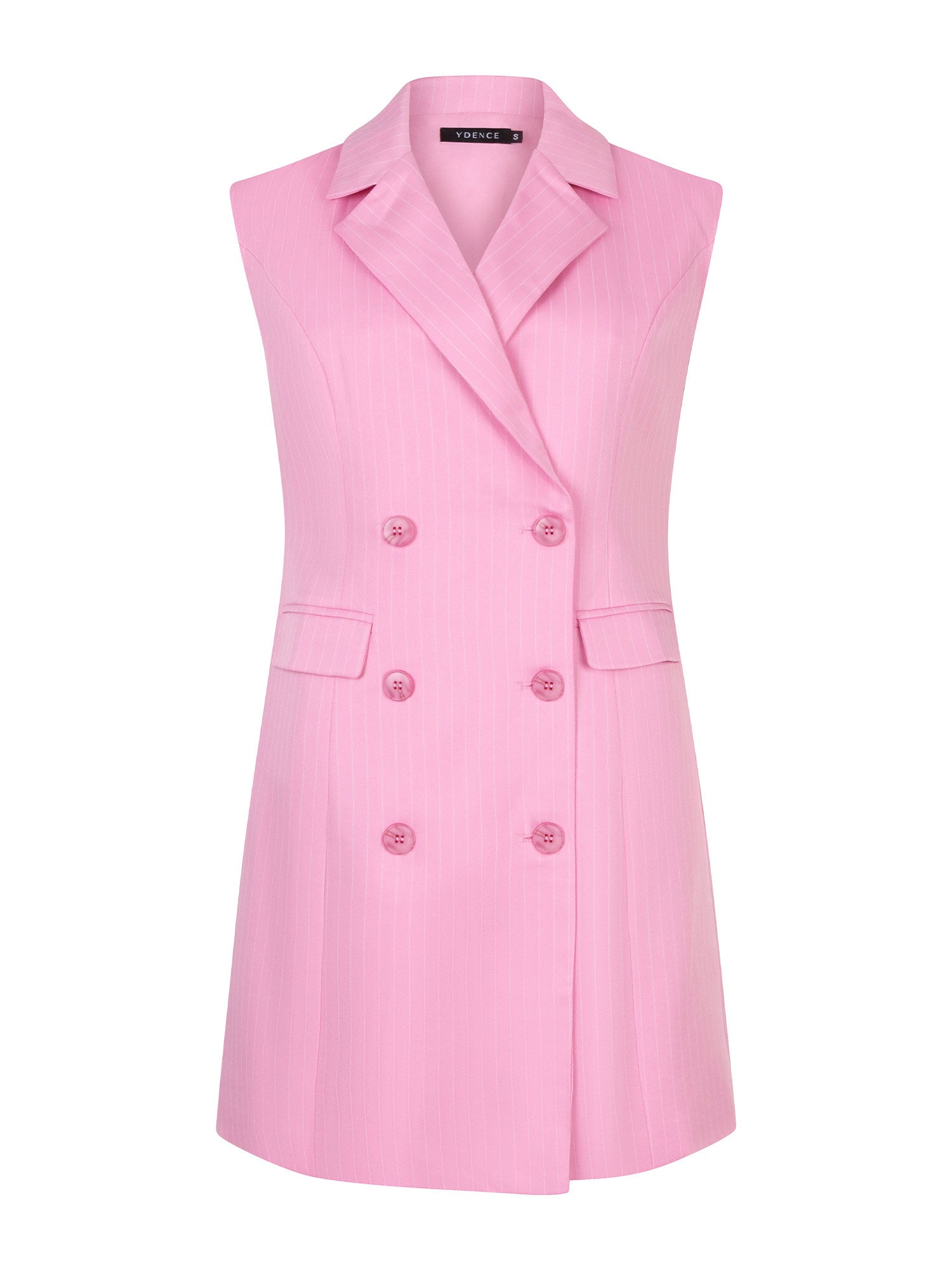 Roze mouwloze blazerdress van Ydence met double-breasted knopen en reverskraag – stijlvolle zomerjurk in pastelroze.