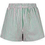 Ydence Belle short met verticale roze en groene strepen en elastische taille – zomerse A-lijn pasvorm.