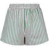 Ydence Belle short met verticale roze en groene strepen en elastische taille – zomerse A-lijn pasvorm.