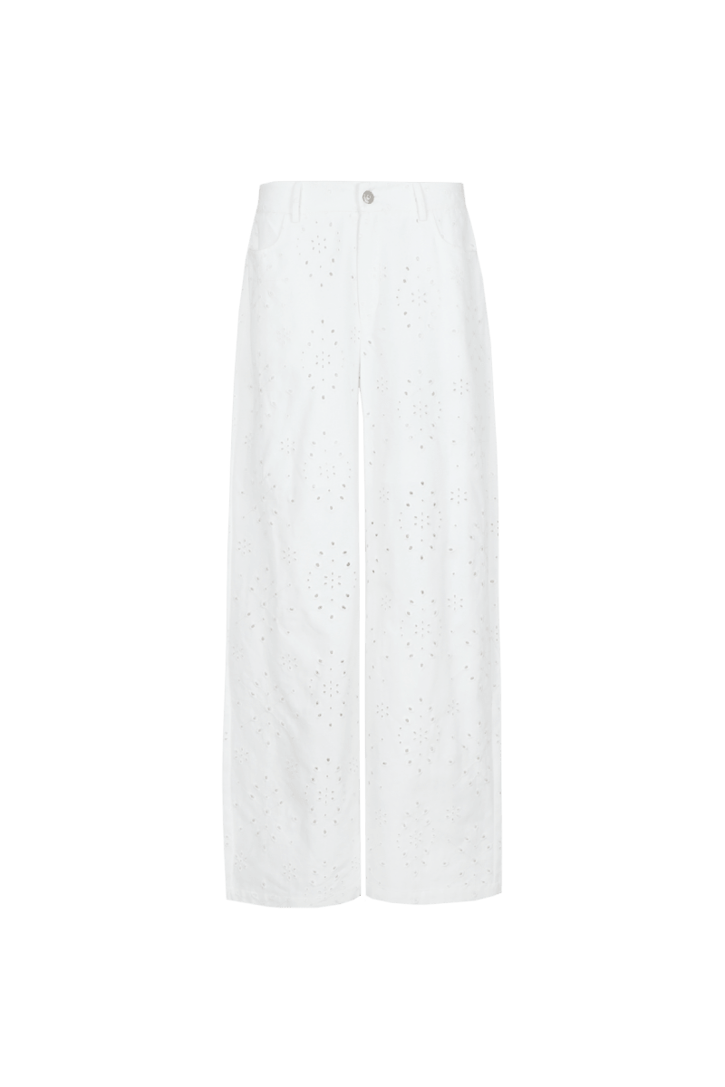 Broek pants offwhite – lange broek met broderie anglaise patroon | Jo&Co Club