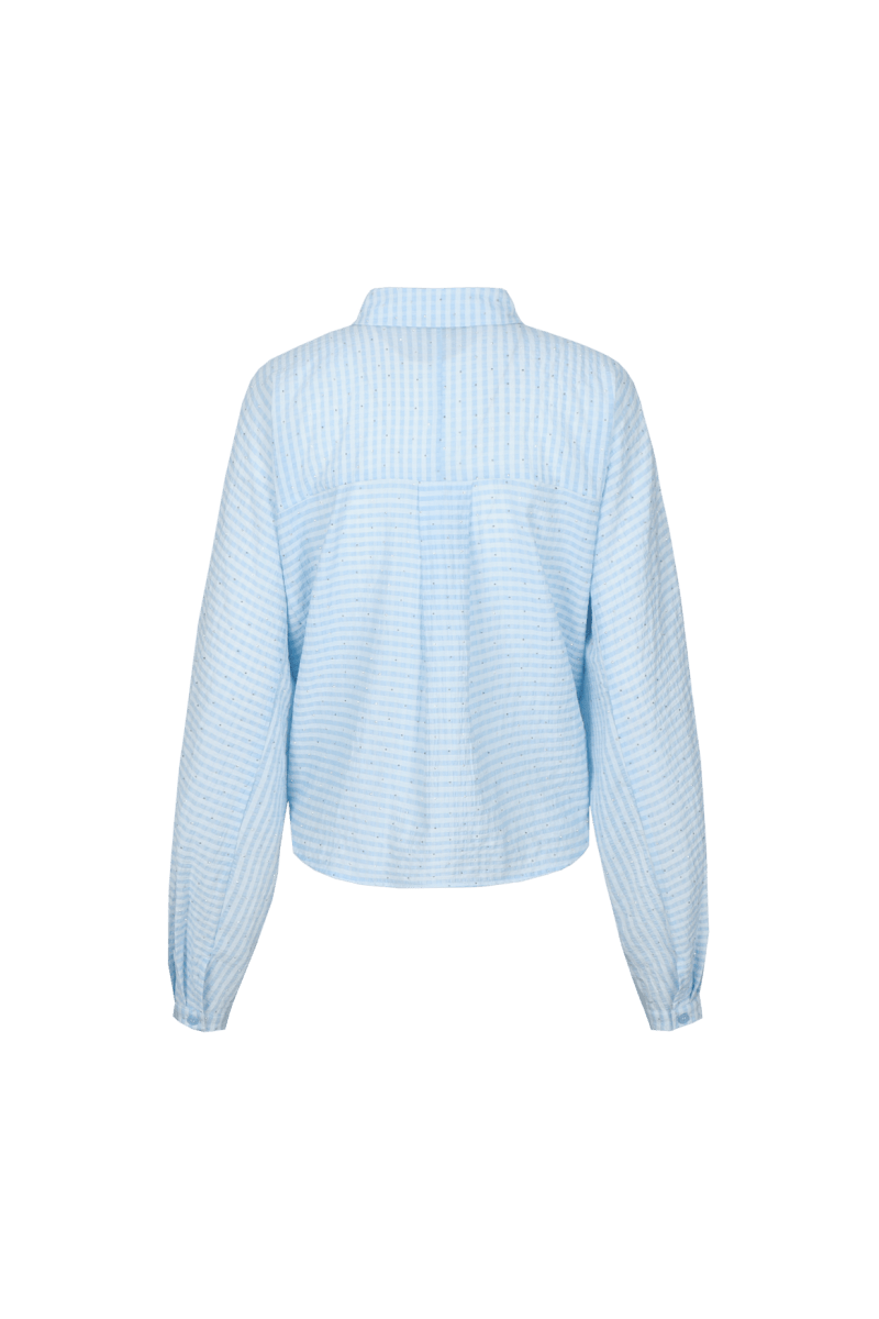 Lichtblauwe katoenen blouse met fijne ruit, productfoto achterzijde | Fluresk Benja blouse | Jo&Co Club