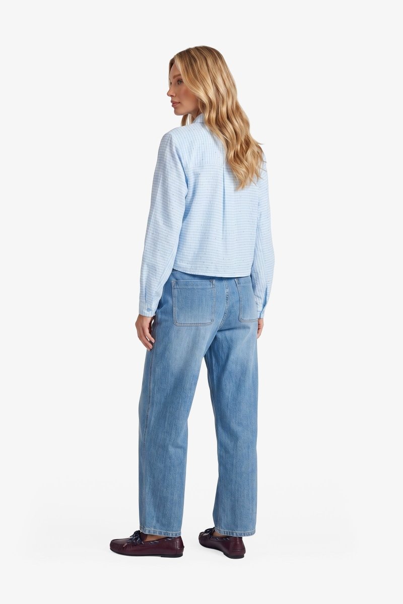 Lichtblauwe katoenen blouse met fijne ruit, achterkant | Fluresk Benja blouse | Jo&Co Club