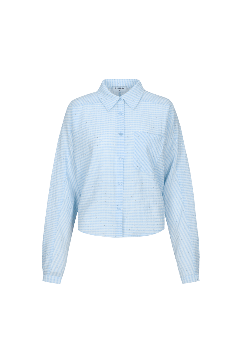 Lichtblauwe katoenen blouse met fijne ruit, productfoto | Fluresk Benja blouse | Jo&Co Club