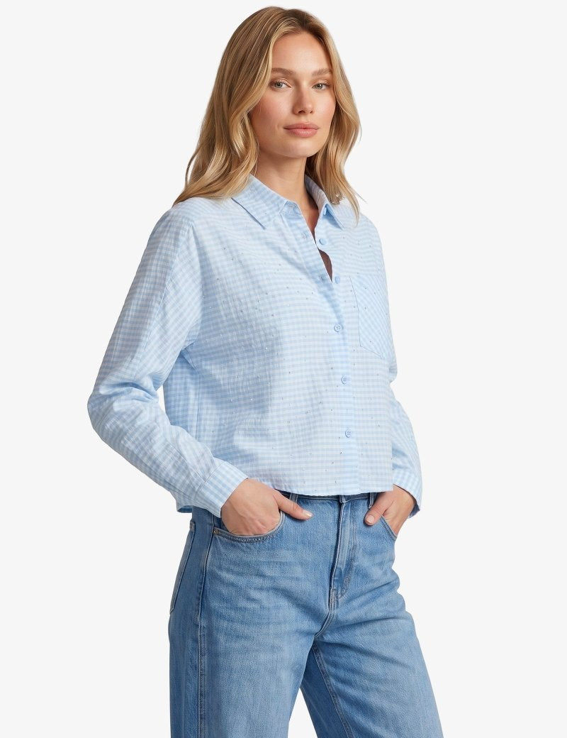 Lichtblauwe katoenen blouse met fijne ruit, vooraanzicht | Fluresk Benja blouse | Jo&Co Club
