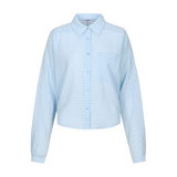 Lichtblauwe katoenen blouse met fijne ruit, productfoto | Fluresk Benja blouse | Jo&Co Club
