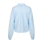 Lichtblauwe katoenen blouse met fijne ruit, productfoto achterzijde | Fluresk Benja blouse | Jo&Co Club