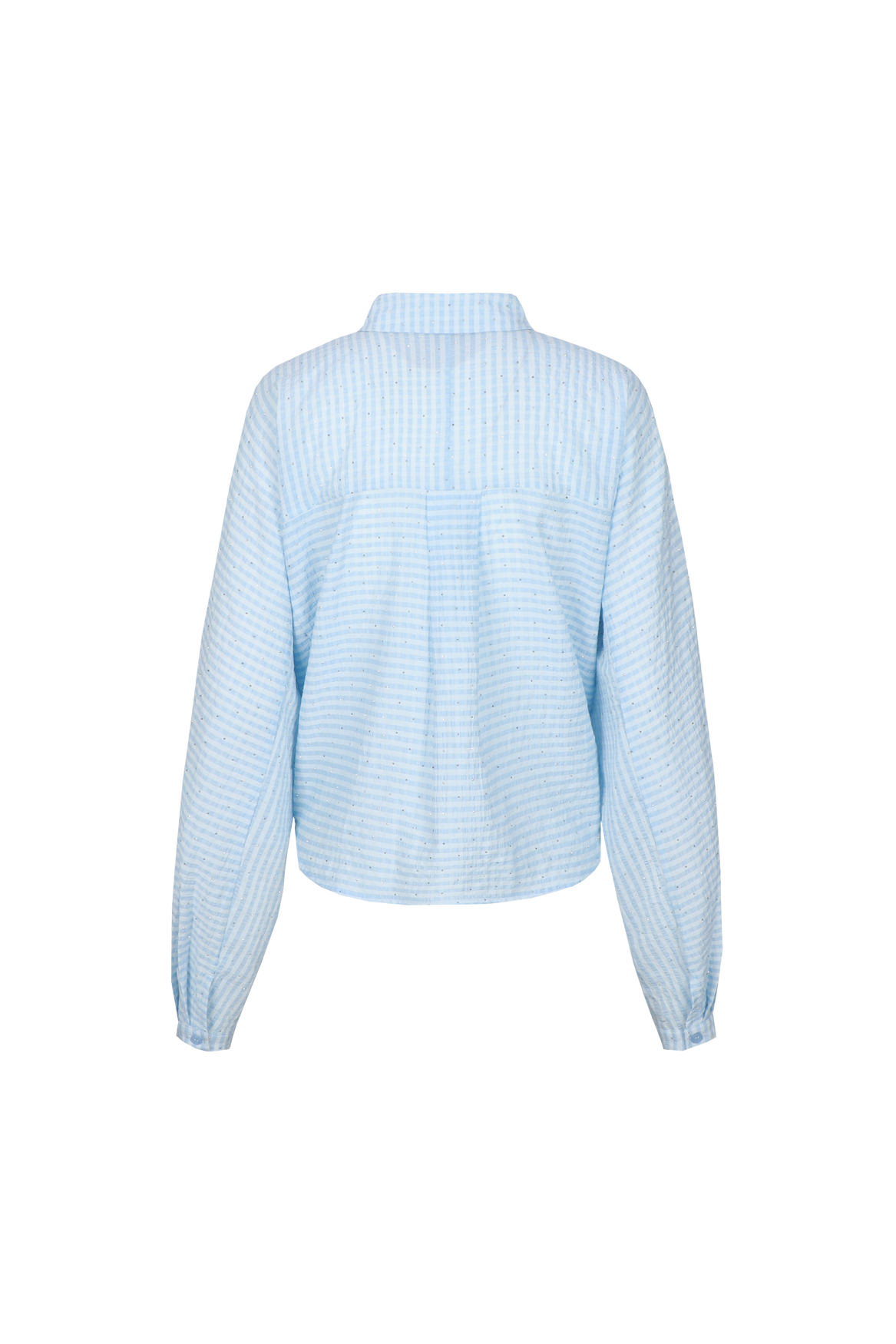 Lichtblauwe katoenen blouse met fijne ruit, productfoto achterzijde | Fluresk Benja blouse | Jo&Co Club