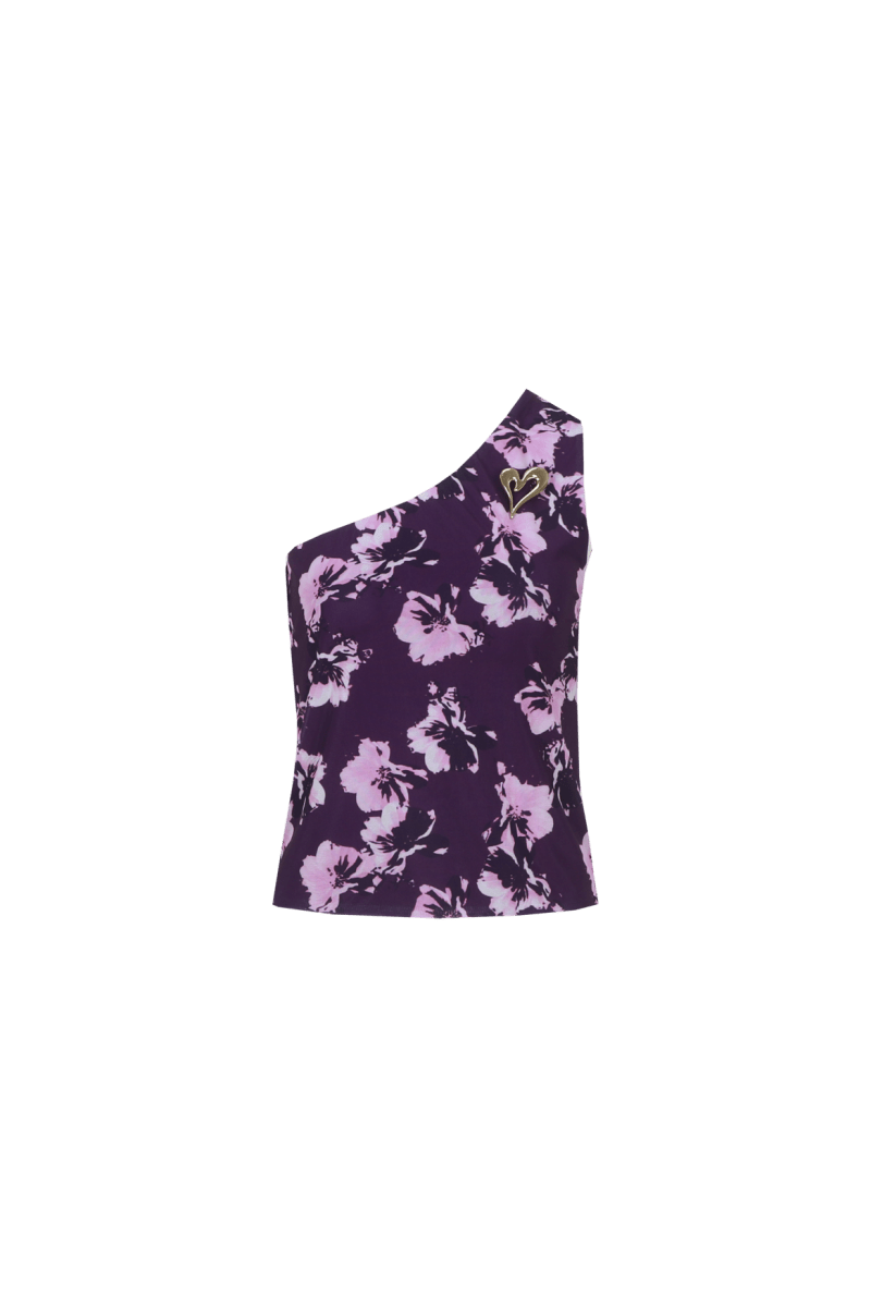 Top top Royal Plum - Paarse one-shoulder top met bloemenprint en hart detail | Jo&Co Club
