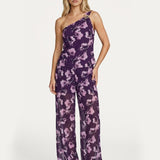 Jumpsuit paars – Paarse one-shoulder set met roze bloemenprint en wijde pijpen | Jo&Co Club