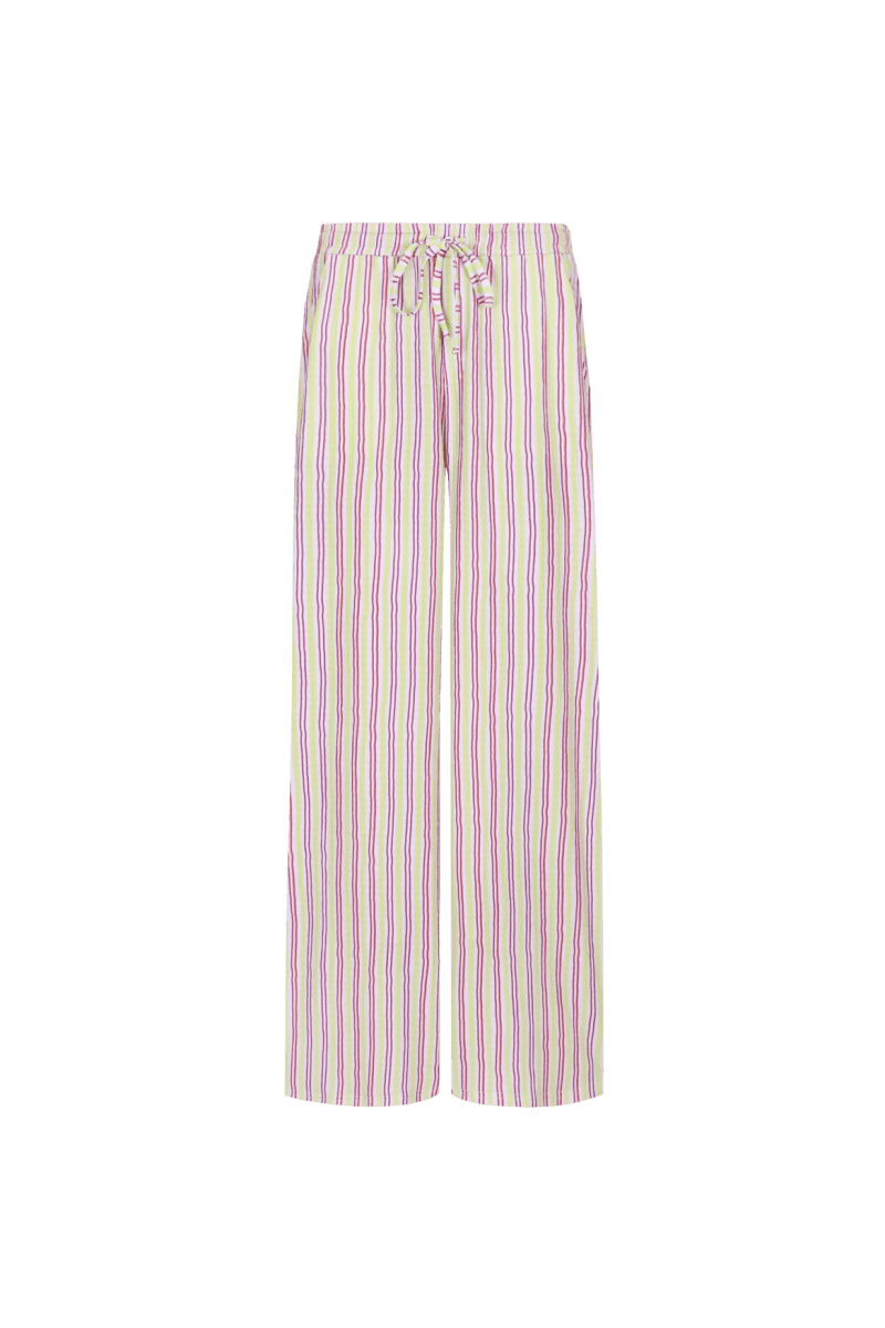 Fluresk Broek Aster in Orchid Purple/Vivid Pistache – gestreepte broek met wijde pijpen en strikkoord | Jo&Co Club