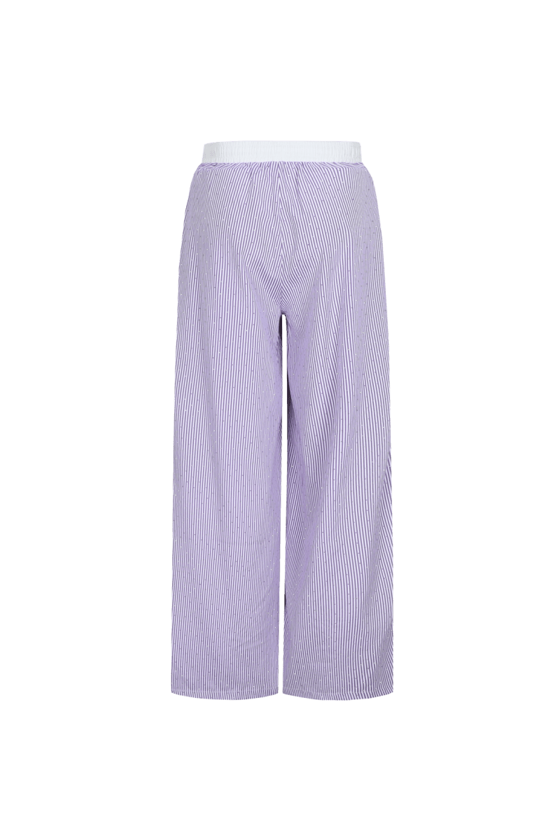 Fluresk Broek Leandra in violet – Gestreepte wide leg broek met witte elastische tailleband | Jo&Co Club
