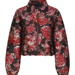 Brokaat jasje Fluresk Jady – kort met rits, pofmouwen en rood-roze bloemen met goud op zwart | Jo&Co Club