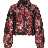 Brokaat jasje Fluresk Jady – kort met rits, pofmouwen en rood-roze bloemen met goud op zwart | Jo&Co Club