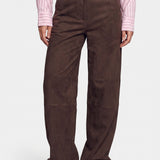 Donkerbruine suedine broek met rechte pijpen, vooraanzicht | Fluresk Claris pants | Jo&Co Club