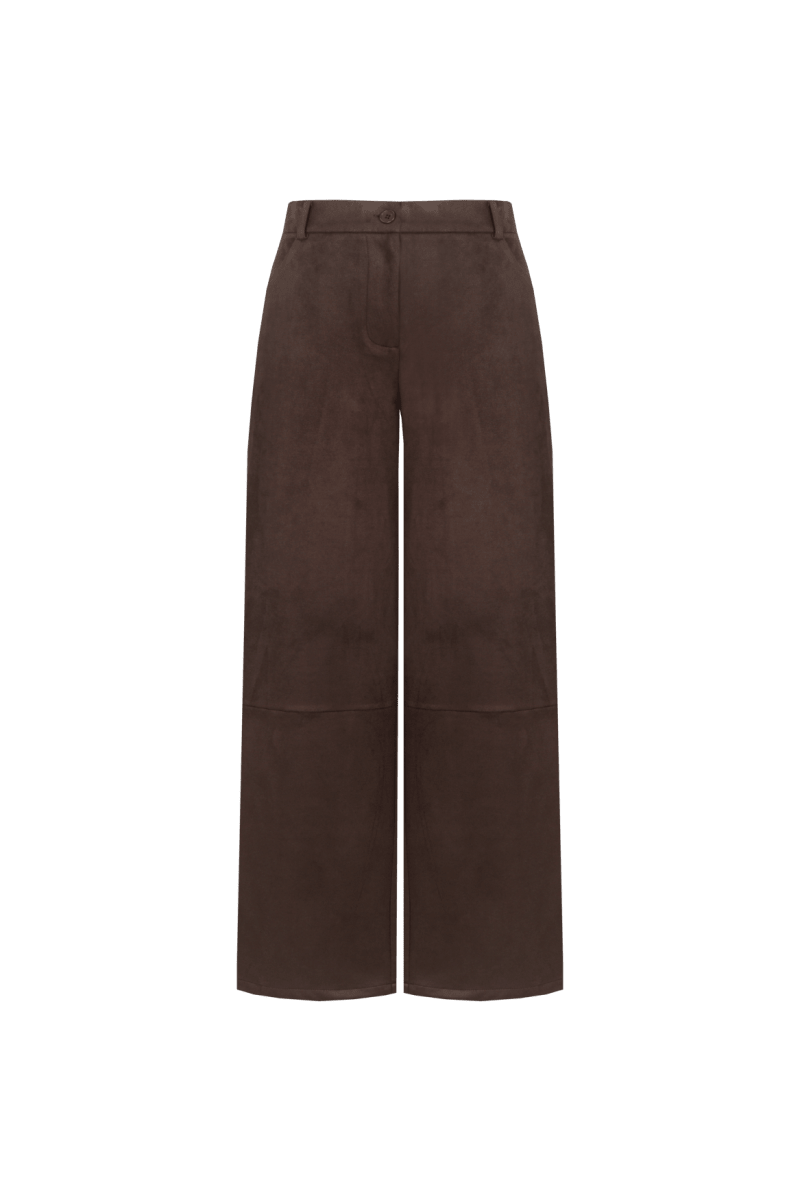 Donkerbruine suedine broek met rechte pijpen, productfoto | Fluresk Claris pants | Jo&Co Club