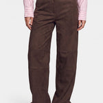 Donkerbruine suedine broek met rechte pijpen, vooraanzicht | Fluresk Claris pants | Jo&Co Club