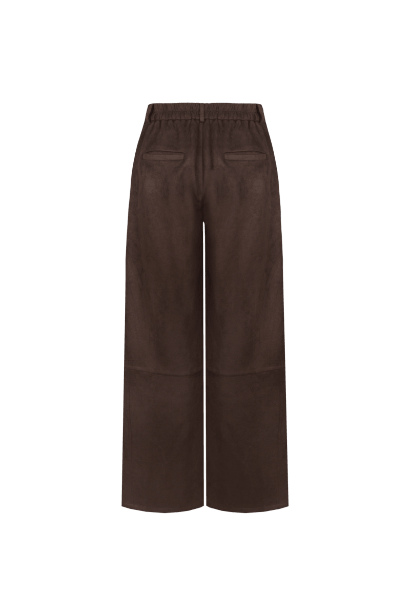 Donkerbruine suedine broek met rechte pijpen, productfoto achterzijde | Fluresk Claris pants | Jo&Co Club