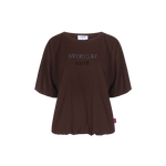 Donkerbruin T-shirt met pofmouwen en tonale tekstprint, productfoto | Fluresk Dez T-shirt | Jo&Co Club