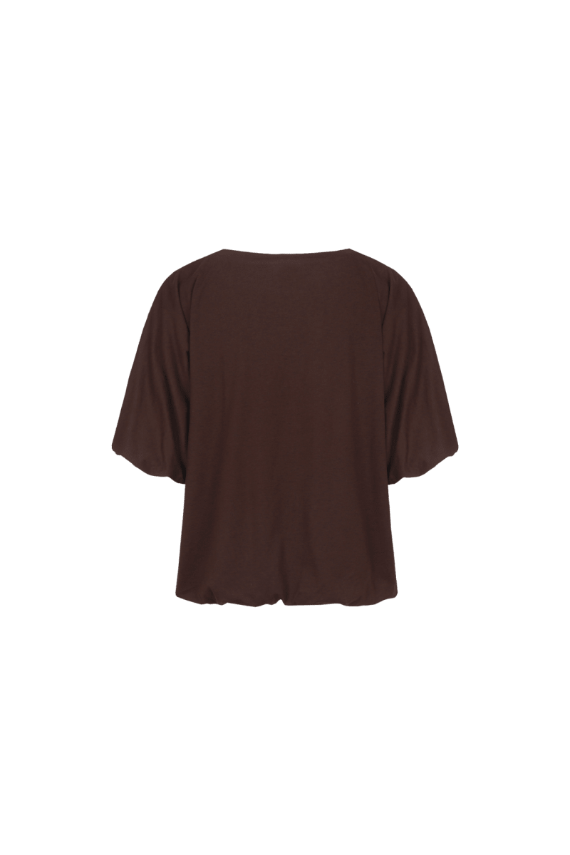 Donkerbruin T-shirt met pofmouwen en tonale tekstprint, productfoto achterzijde | Fluresk Dez T-shirt | Jo&Co Club