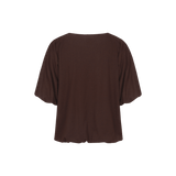 Donkerbruin T-shirt met pofmouwen en tonale tekstprint, productfoto achterzijde | Fluresk Dez T-shirt | Jo&Co Club