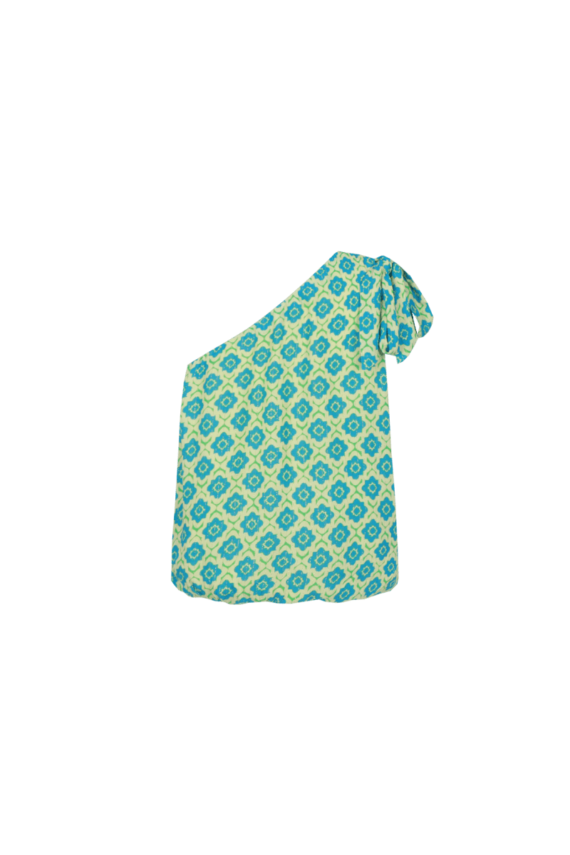 Top Fluresk Citrus/Dodger Blue – one-shoulder top met geometrische bloemenprint | Jo&Co Club
