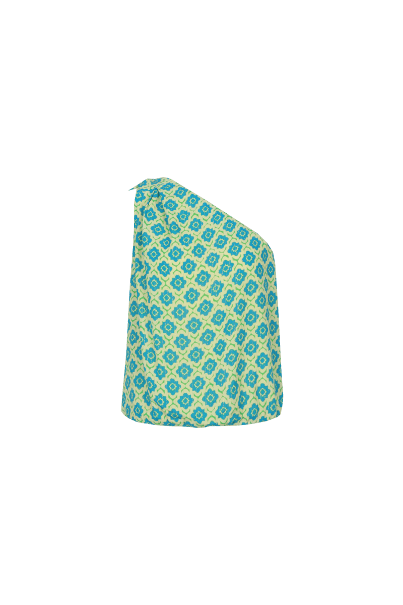 Fluresk top Citrus/Dodger Blue – one-shoulder top met geometrische bloemenprint | Jo&Co Club
