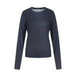 Donkerblauwe top met bruine stippenprint en lange mouwen, productfoto | Fluresk Eden top | Jo&Co Club