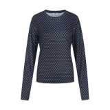 Donkerblauwe top met bruine stippenprint en lange mouwen, productfoto | Fluresk Eden top | Jo&Co Club