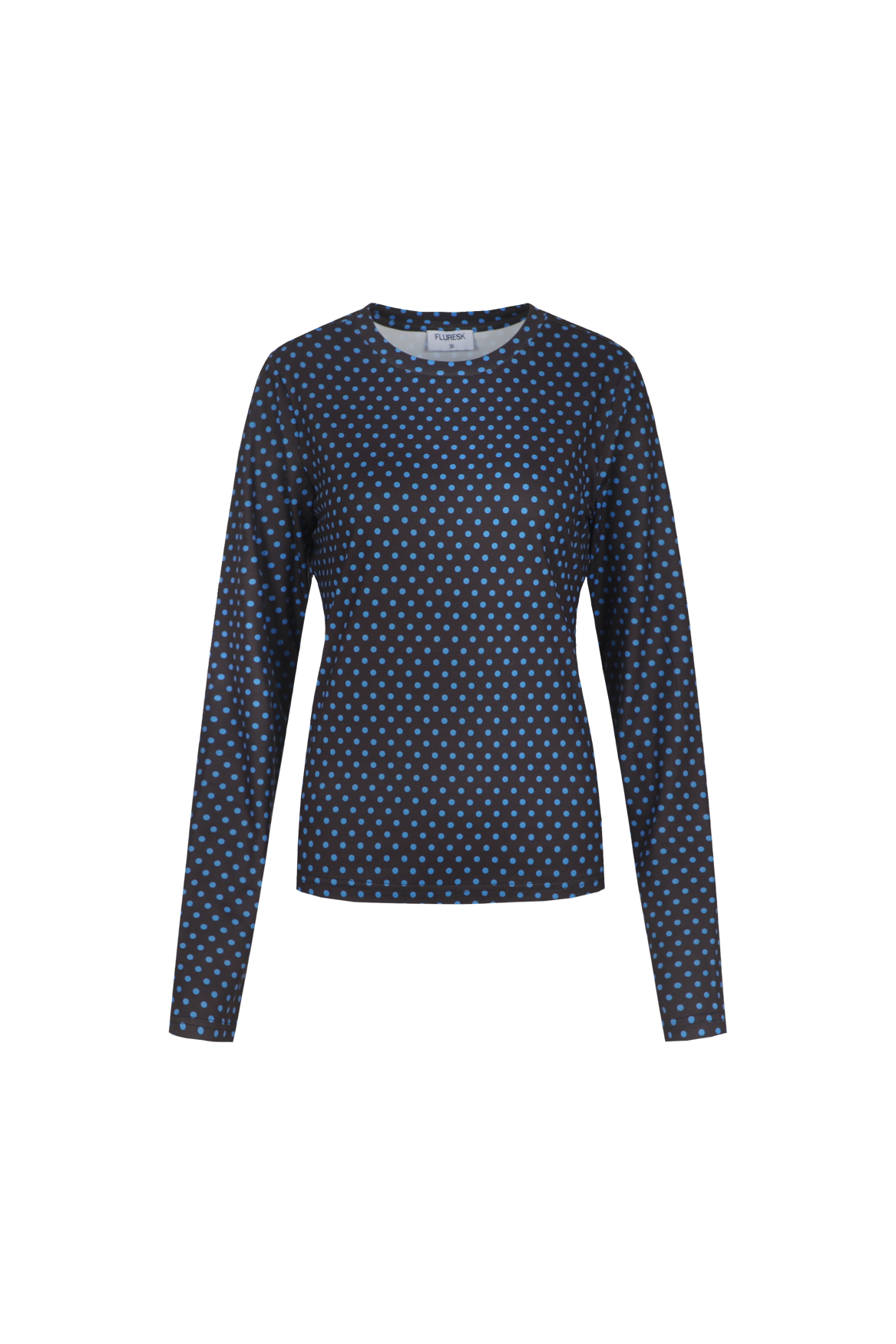 Donkerblauwe top met bruine stippenprint en lange mouwen, productfoto | Fluresk Eden top | Jo&Co Club