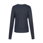 Donkerblauwe top met bruine stippenprint en lange mouwen, productfoto achterzijde | Fluresk Eden top | Jo&Co Club