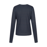 Donkerblauwe top met bruine stippenprint en lange mouwen, productfoto achterzijde | Fluresk Eden top | Jo&Co Club