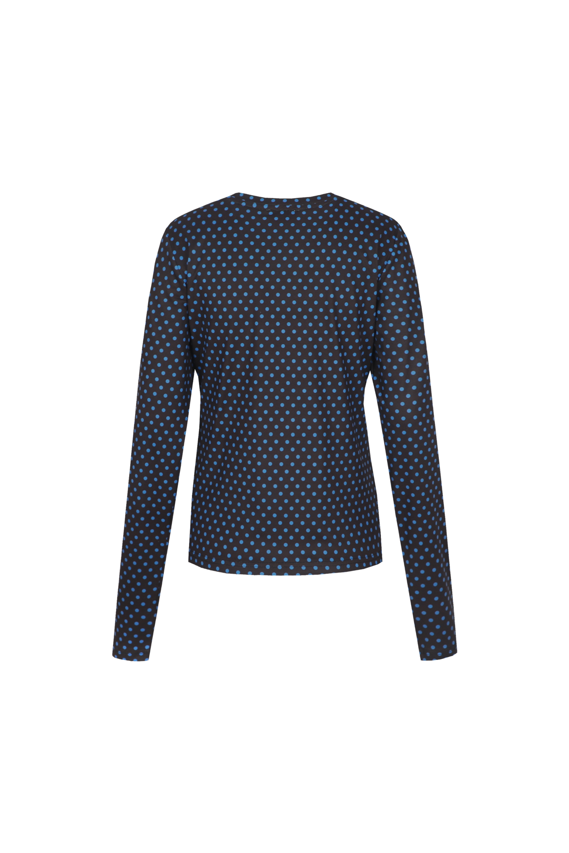 Donkerblauwe top met bruine stippenprint en lange mouwen, productfoto achterzijde | Fluresk Eden top | Jo&Co Club