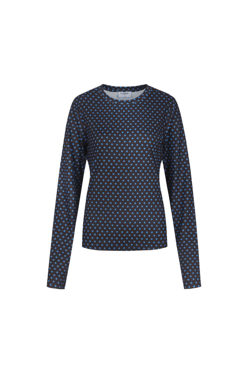 Donkerblauwe top met bruine stippenprint en lange mouwen, productfoto | Fluresk Eden top | Jo&Co Club