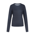 Donkerblauwe top met bruine stippenprint en lange mouwen, productfoto | Fluresk Eden top | Jo&Co Club