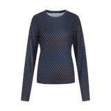 Donkerblauwe top met bruine stippenprint en lange mouwen, productfoto | Fluresk Eden top | Jo&Co Club
