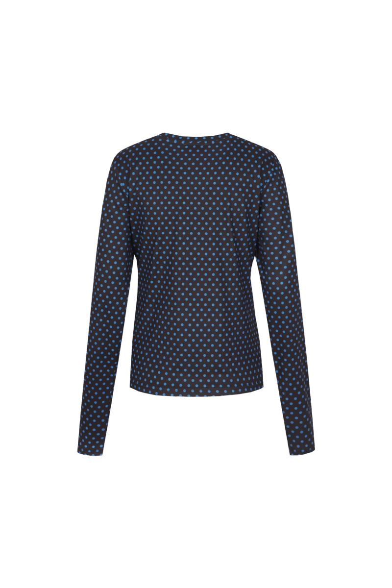 Donkerblauwe top met bruine stippenprint en lange mouwen, productfoto achterzijde | Fluresk Eden top | Jo&Co Club