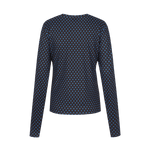 Donkerblauwe top met bruine stippenprint en lange mouwen, productfoto achterzijde | Fluresk Eden top | Jo&Co Club