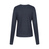 Donkerblauwe top met bruine stippenprint en lange mouwen, productfoto achterzijde | Fluresk Eden top | Jo&Co Club