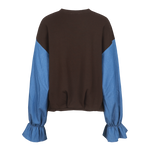 Bruine sweater met blauwe colourblock-mouwen, productfoto achterzijde | Fluresk Eli sweater | Jo&Co Club