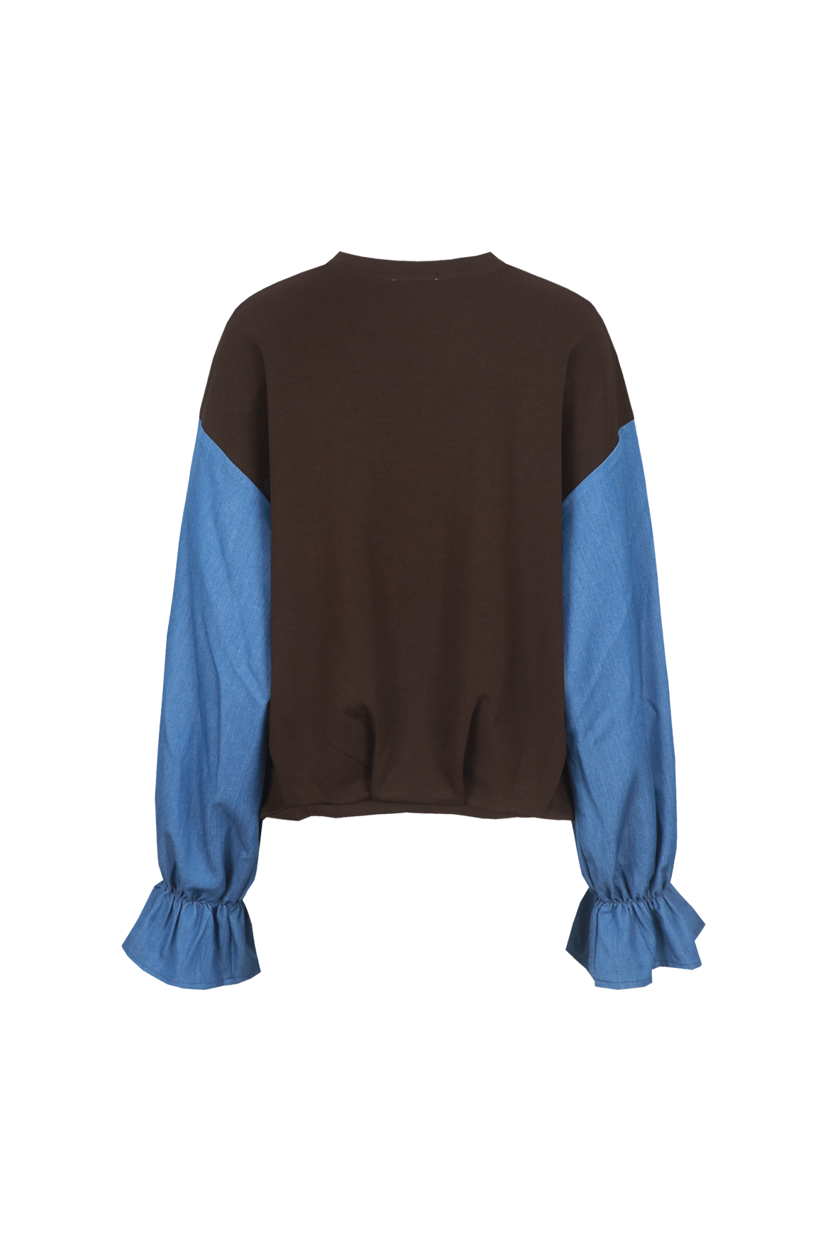 Bruine sweater met blauwe colourblock-mouwen, productfoto achterzijde | Fluresk Eli sweater | Jo&Co Club