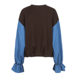 Bruine sweater met blauwe colourblock-mouwen, productfoto achterzijde | Fluresk Eli sweater | Jo&Co Club