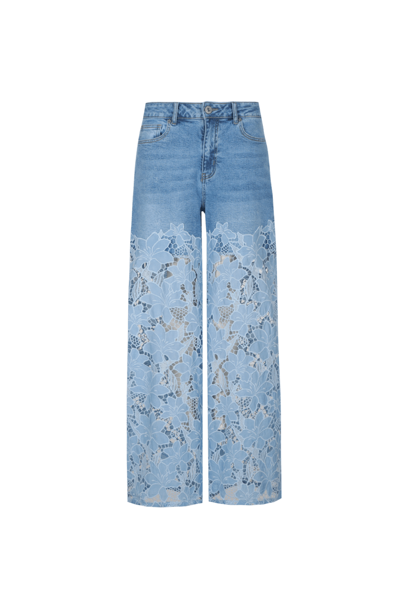 Broek pants Denim Mid Blue – Denim broek met lichtblauwe kanten pijpen | Jo&Co Club