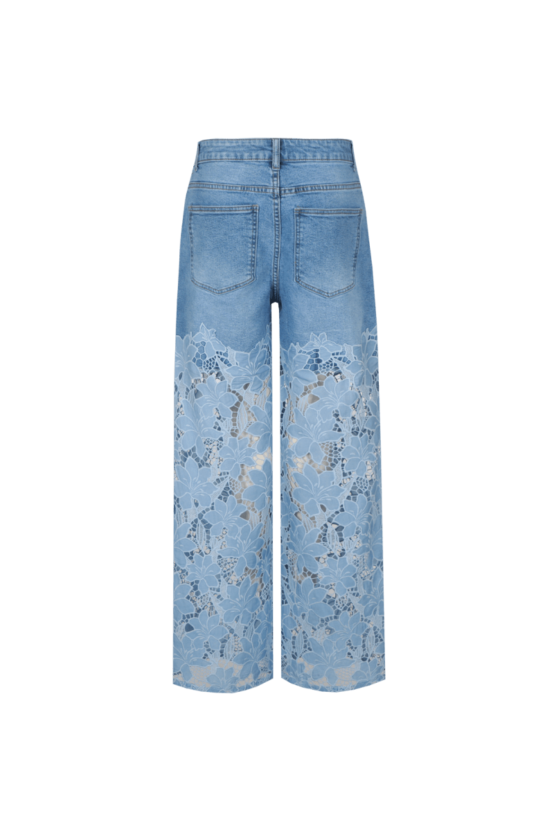 Broek pants Denim Mid Blue – Denim met wijde pijpen en gebloemd kant | Jo&Co Club