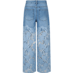 Broek pants Denim Mid Blue – Denim met wijde pijpen en gebloemd kant | Jo&Co Club
