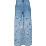 Broek pants Denim Mid Blue – Denim met wijde pijpen en gebloemd kant | Jo&Co Club