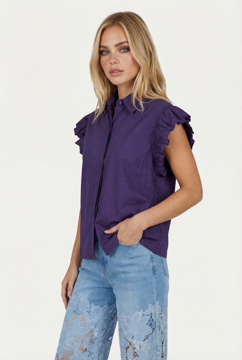 Blouse paars – mouwloze blouse met ruches op de schouders | Jo&Co Club