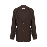 Bruine blazer met knoopsluiting en striksluiting opzij, productfoto | Fluresk Feline blazer | Jo&Co Club