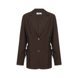 Bruine blazer met knoopsluiting en striksluiting opzij, productfoto | Fluresk Feline blazer | Jo&Co Club