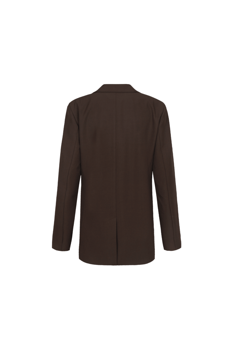 Bruine blazer met knoopsluiting en striksluiting opzij, productfoto achterzijde | Fluresk Feline blazer | Jo&Co Club